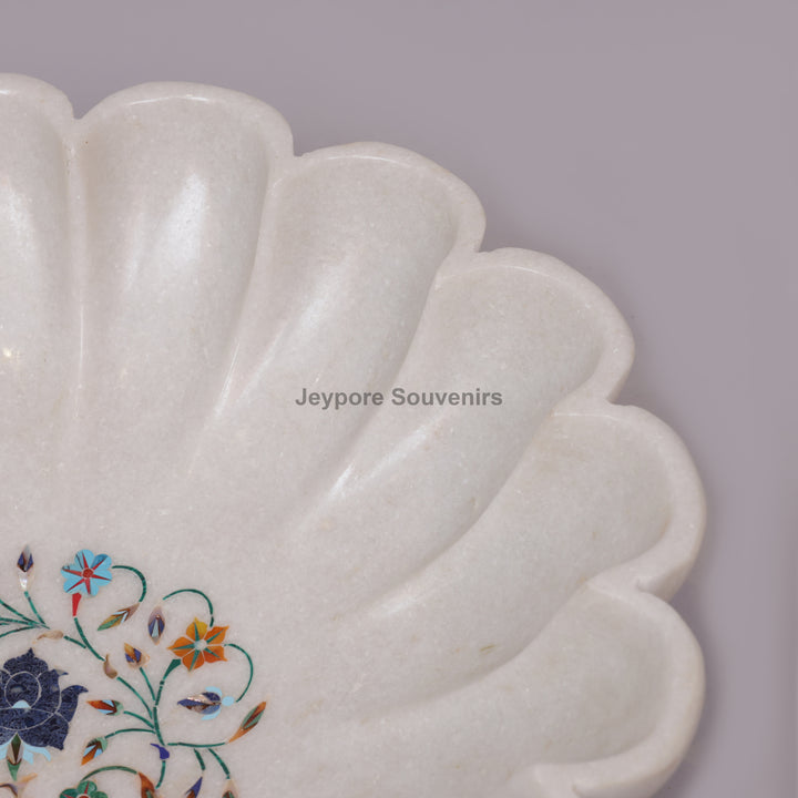 White Marble Lotus Decorative Bowl with Floral Stone Inlay