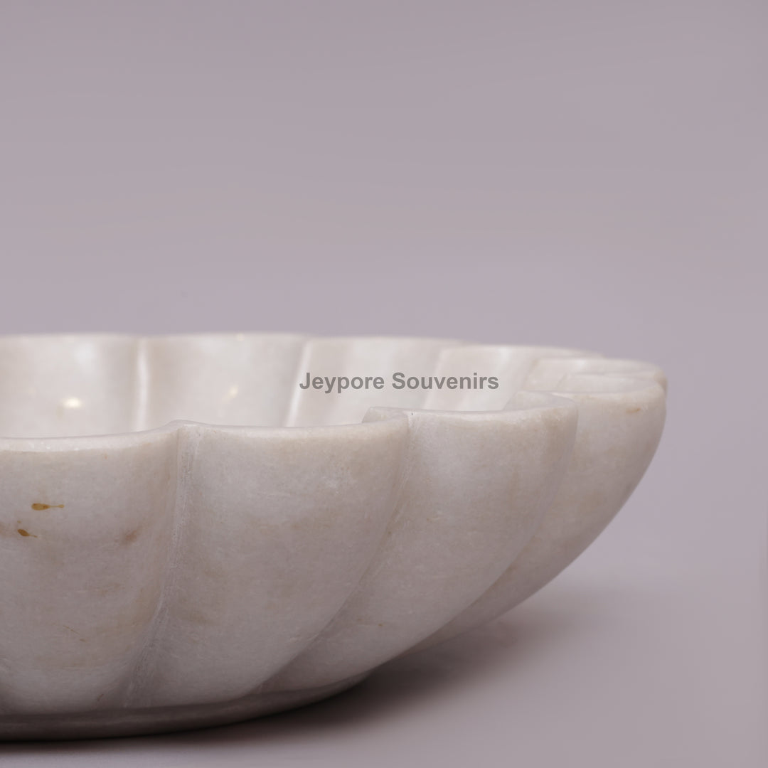 White Marble Lotus Decorative Bowl with Floral Stone Inlay