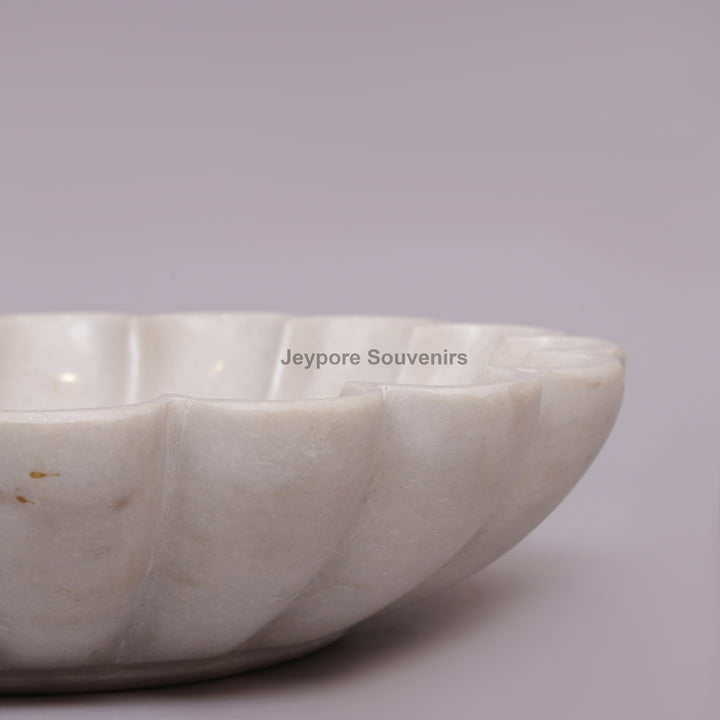 White Marble Lotus Decorative Bowl with Floral Stone Inlay