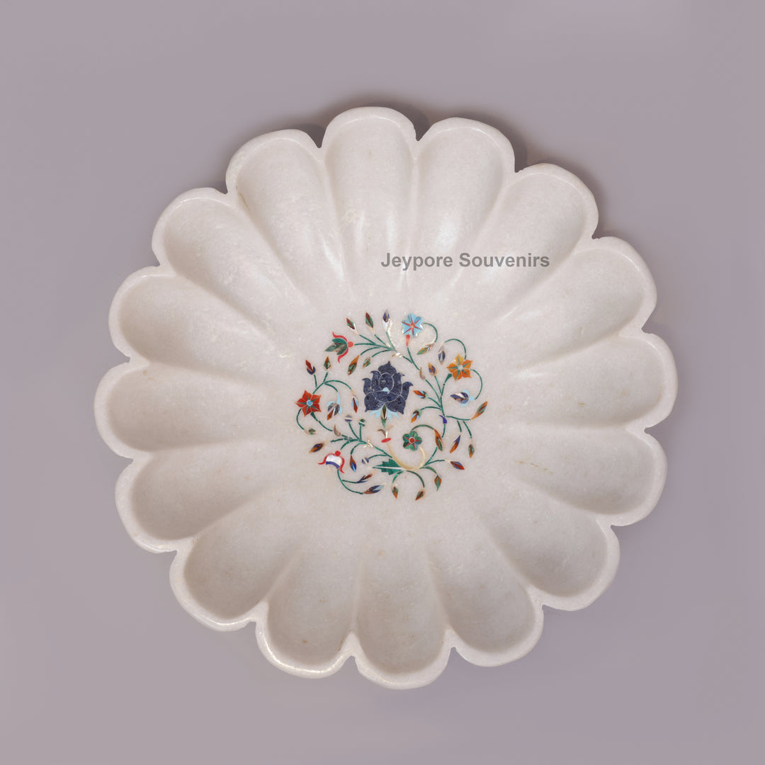 White Marble Lotus Decorative Bowl with Floral Stone Inlay