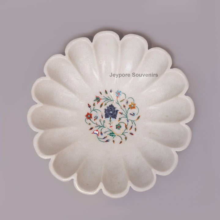 White Marble Lotus Decorative Bowl with Floral Stone Inlay
