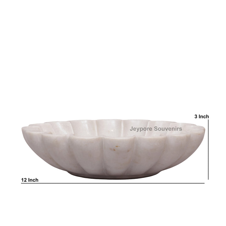 White Marble Lotus Decorative Bowl with Floral Stone Inlay