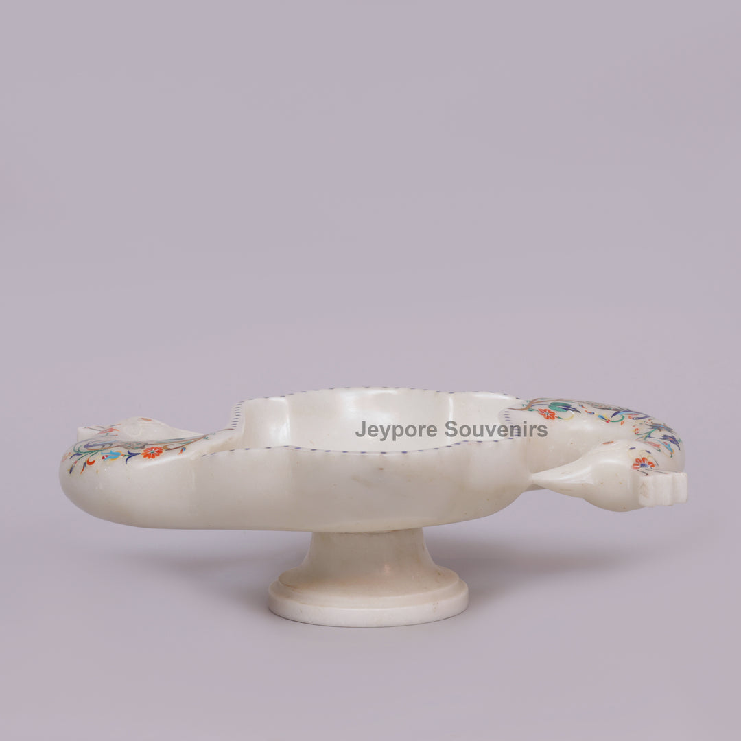 Handcrafted White Marble Peacock Urli Bowl with Floral Inlay