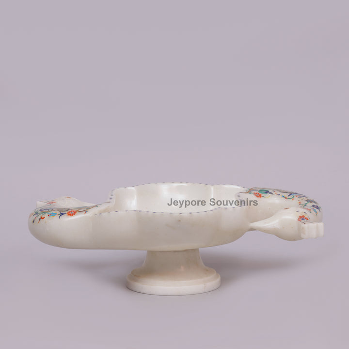 Handcrafted White Marble Peacock Urli Bowl with Floral Inlay