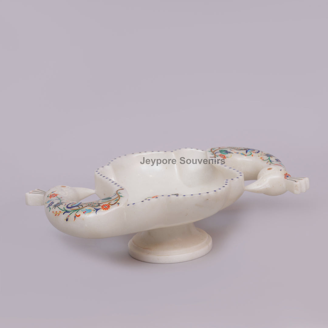 Handcrafted White Marble Peacock Urli Bowl with Floral Inlay