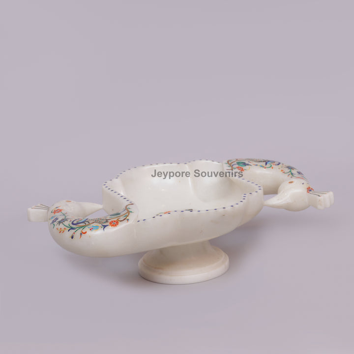 Handcrafted White Marble Peacock Urli Bowl with Floral Inlay