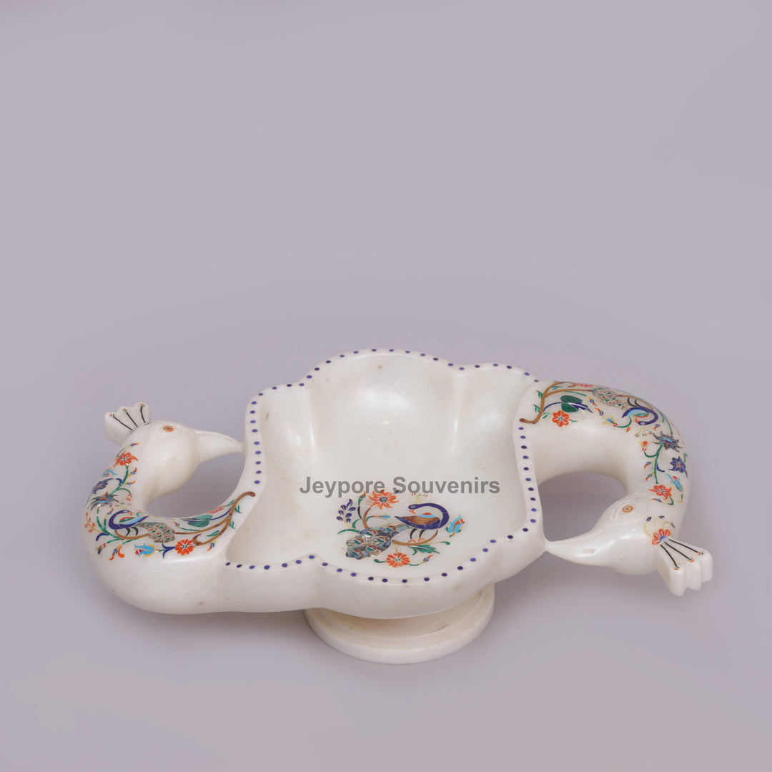 Handcrafted White Marble Peacock Urli Bowl with Floral Inlay