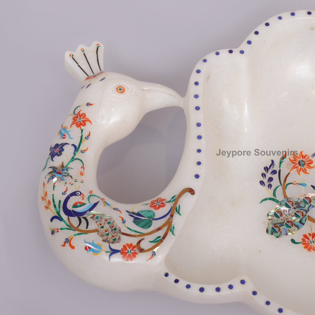 Handcrafted White Marble Peacock Urli Bowl with Floral Inlay