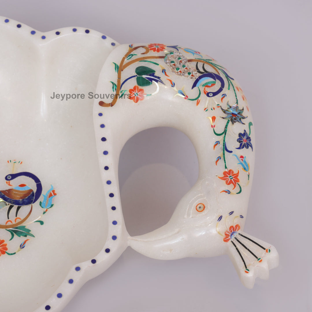 Handcrafted White Marble Peacock Urli Bowl with Floral Inlay