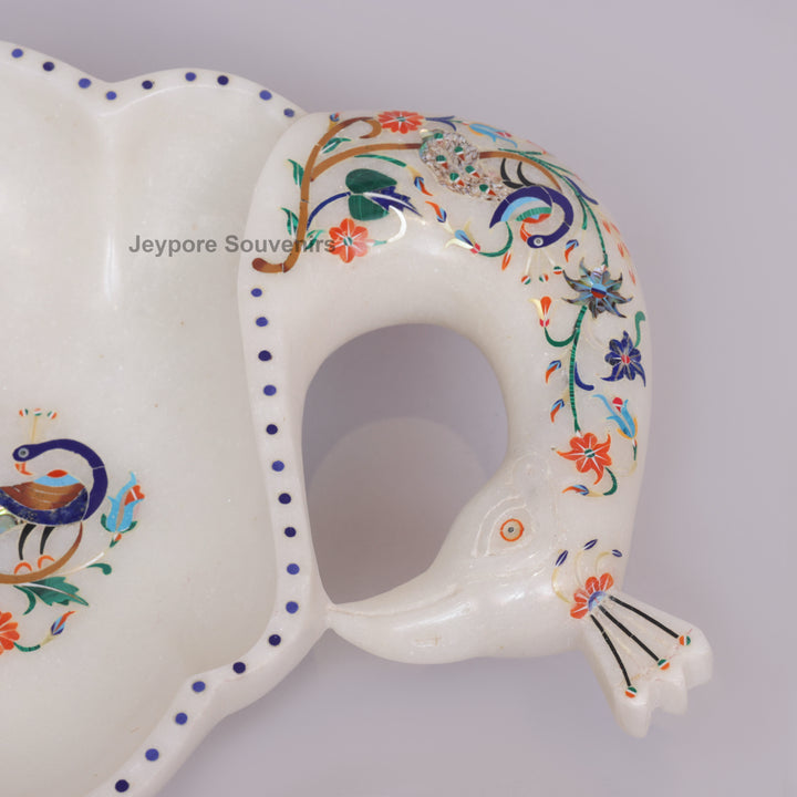 Handcrafted White Marble Peacock Urli Bowl with Floral Inlay