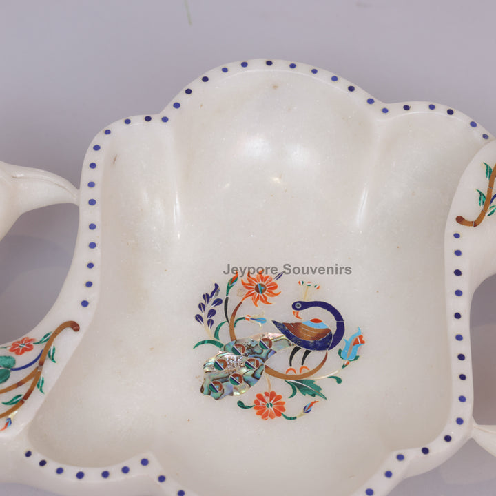 Handcrafted White Marble Peacock Urli Bowl with Floral Inlay