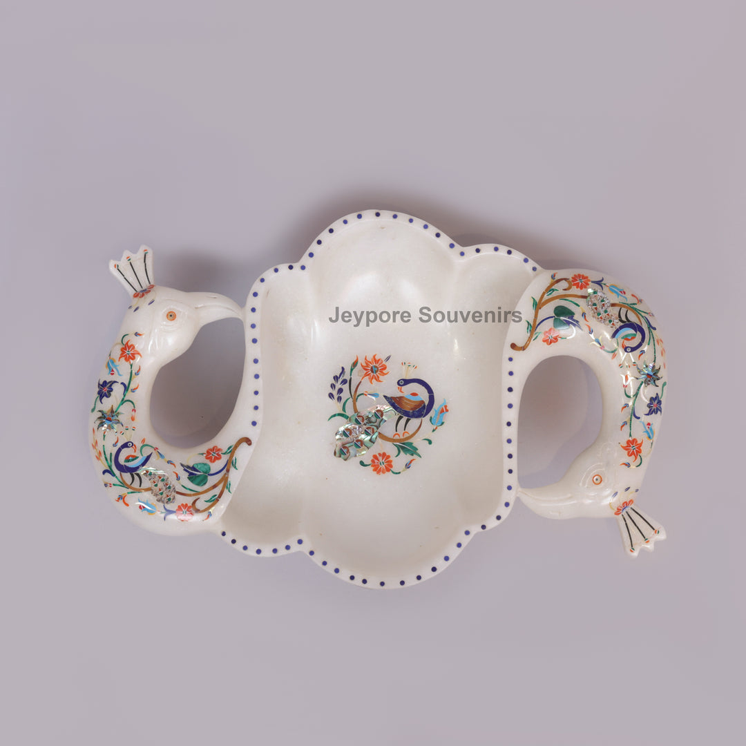 Handcrafted White Marble Peacock Urli Bowl with Floral Inlay