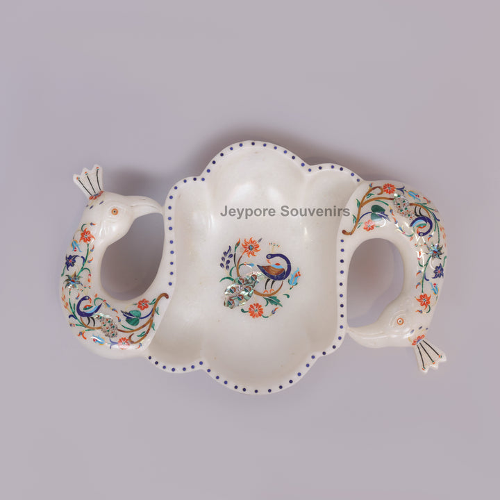 Handcrafted White Marble Peacock Urli Bowl with Floral Inlay
