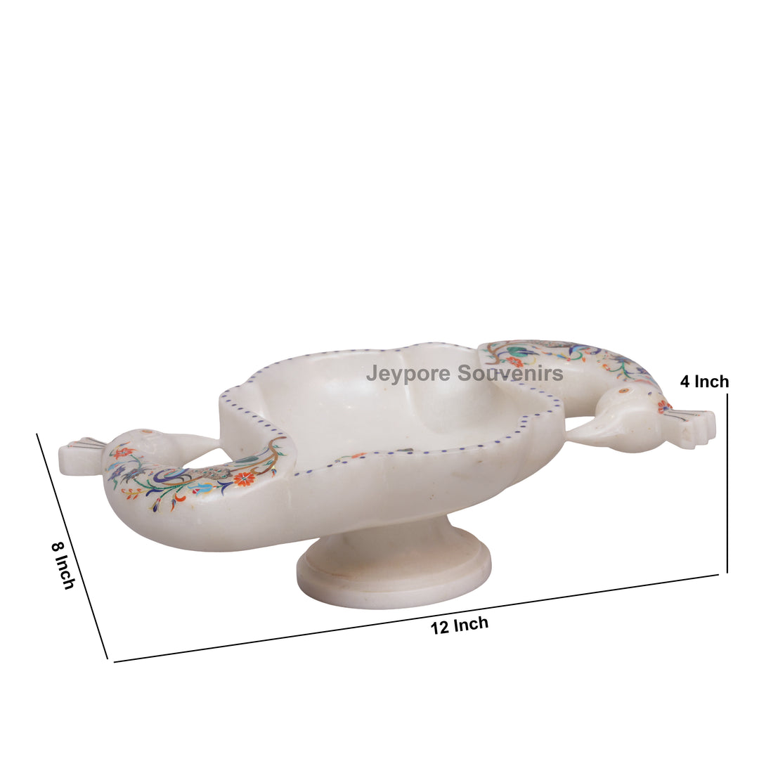 Handcrafted White Marble Peacock Urli Bowl with Floral Inlay