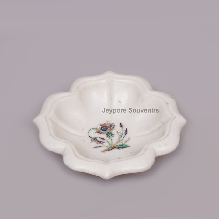 Handcrafted White Marble Lotus Bowl with Floral Stone Inlay