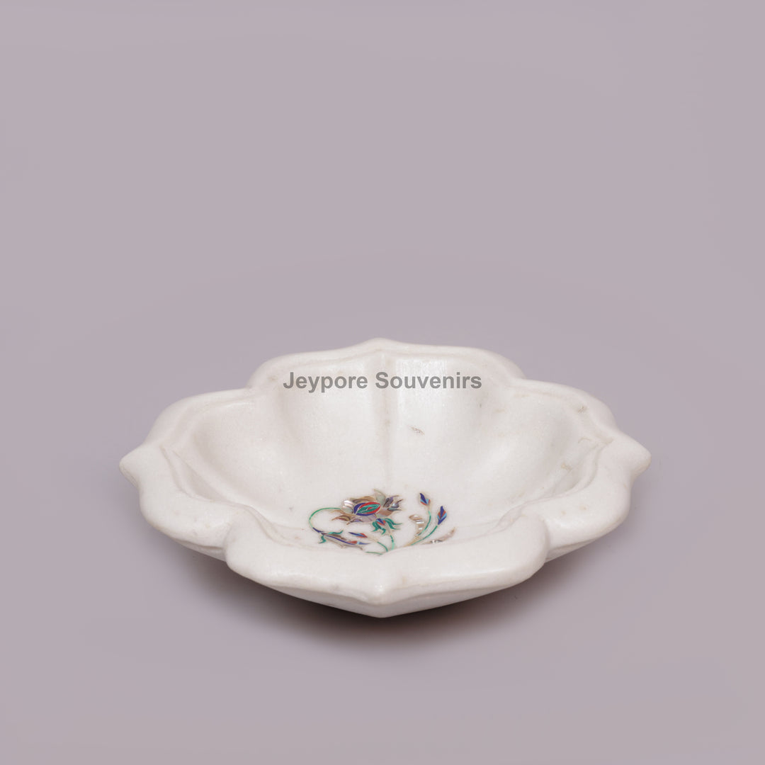 Handcrafted White Marble Lotus Bowl with Floral Stone Inlay