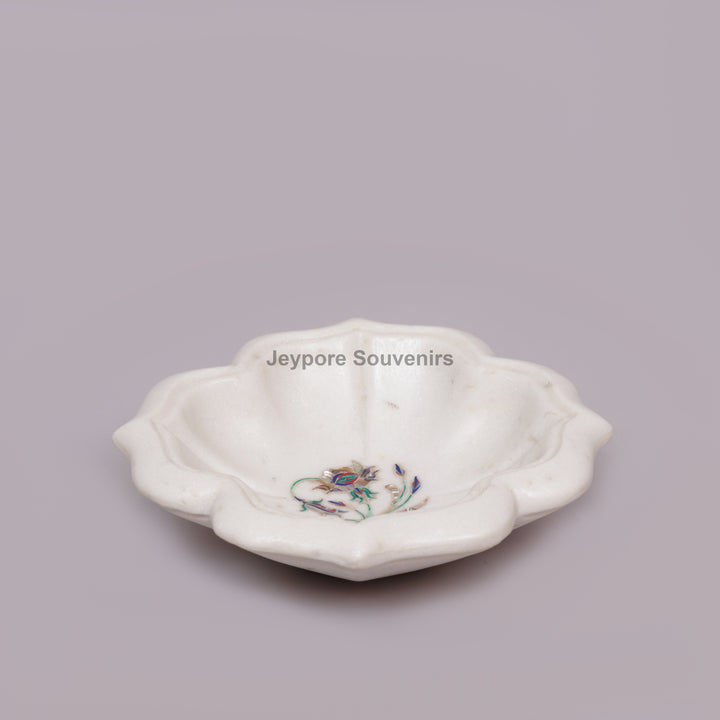 Handcrafted White Marble Lotus Bowl with Floral Stone Inlay