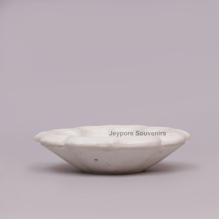 Handcrafted White Marble Lotus Bowl with Floral Stone Inlay