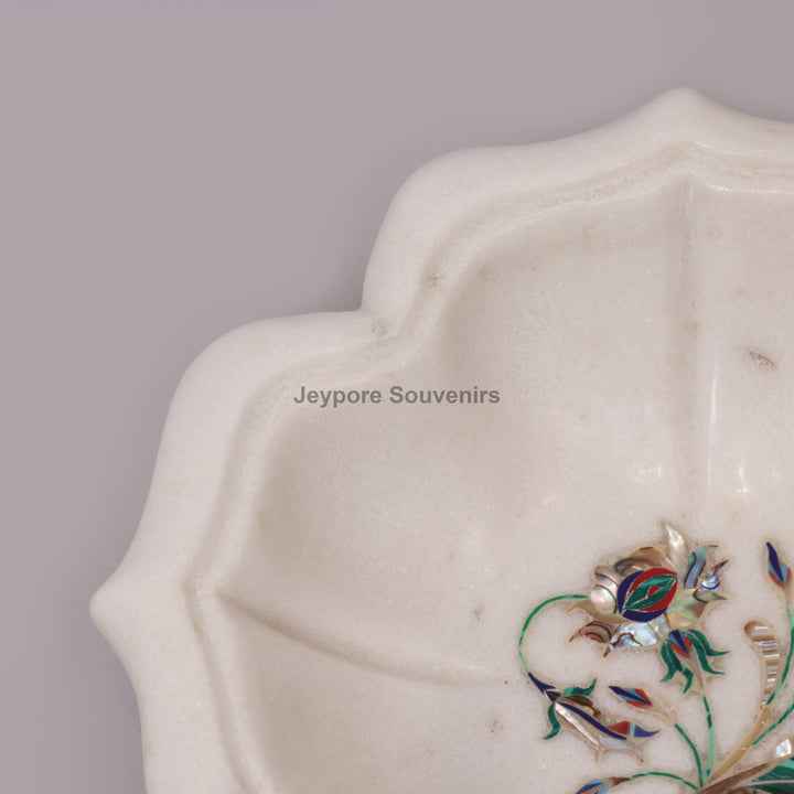 Handcrafted White Marble Lotus Bowl with Floral Stone Inlay