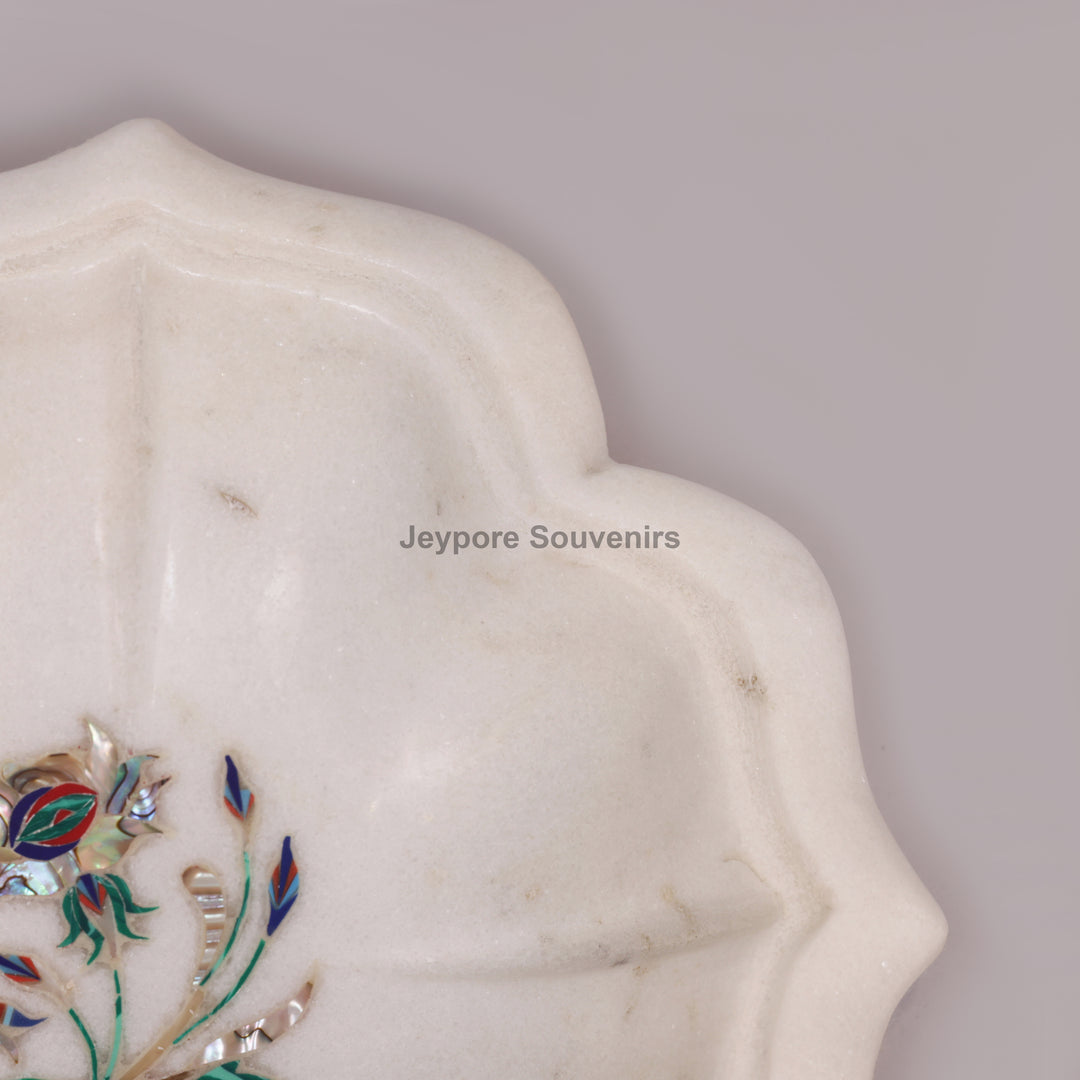 Handcrafted White Marble Lotus Bowl with Floral Stone Inlay