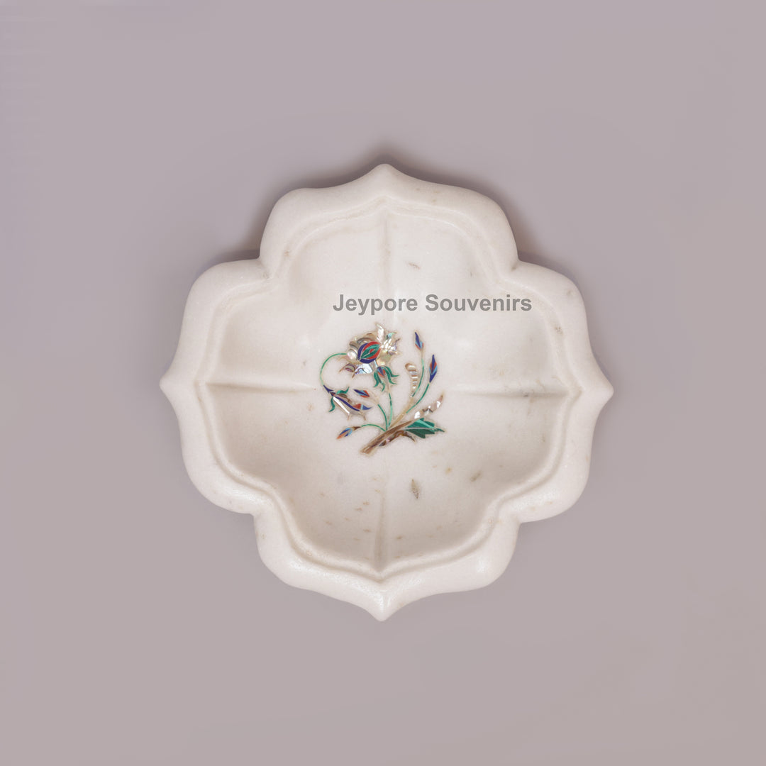 Handcrafted White Marble Lotus Bowl with Floral Stone Inlay
