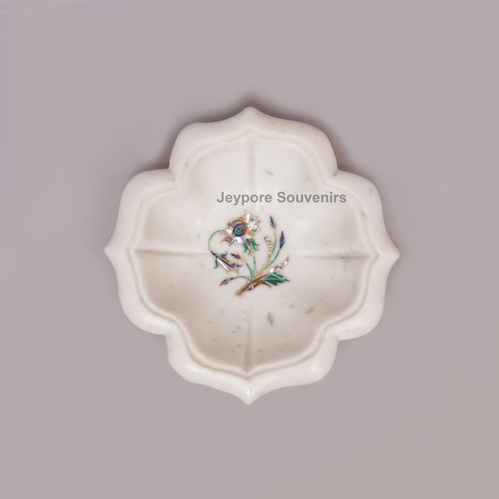 Handcrafted White Marble Lotus Bowl with Floral Stone Inlay