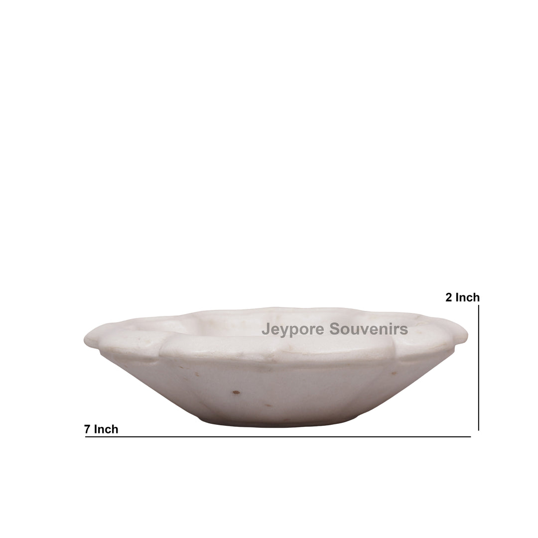 Handcrafted White Marble Lotus Bowl with Floral Stone Inlay