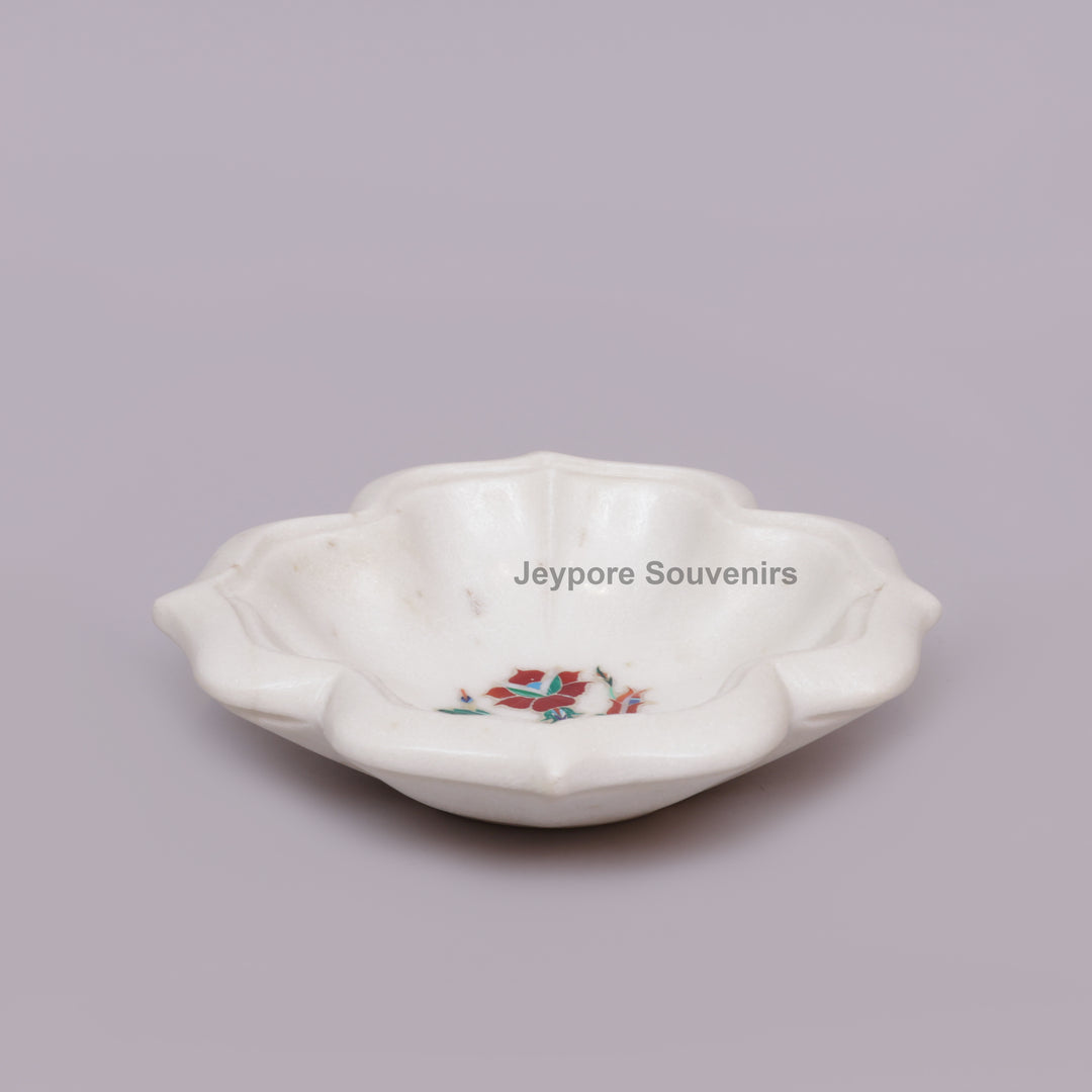 White Marble Lotus-Shaped Urli Bowl With Stone Inlay Design