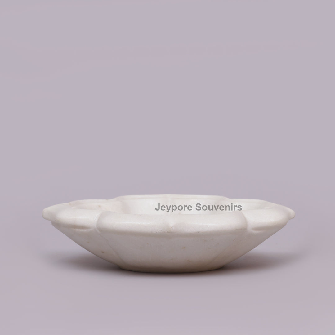 White Marble Lotus-Shaped Urli Bowl With Stone Inlay Design