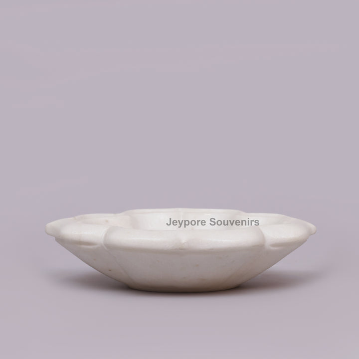 White Marble Lotus-Shaped Urli Bowl With Stone Inlay Design