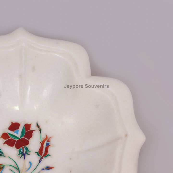 White Marble Lotus-Shaped Urli Bowl With Stone Inlay Design