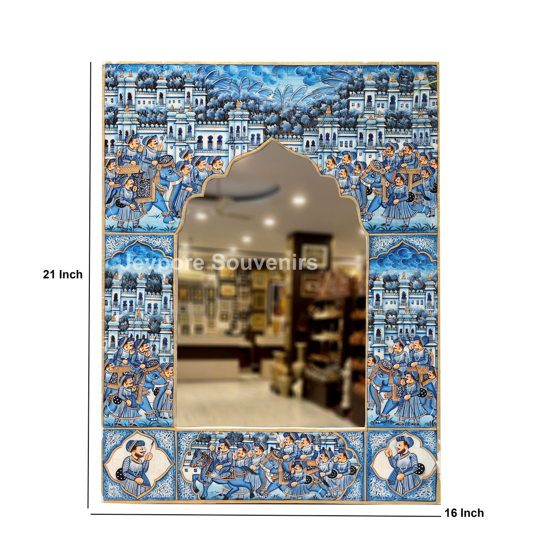 Royal Blue Procession Hand-Painted Camel Bone Inlay Mirror