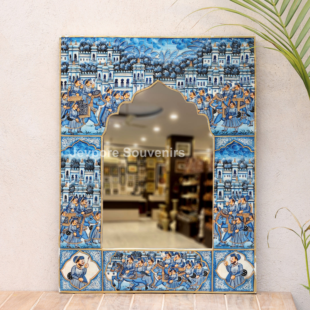 Royal Blue Procession Hand-Painted Camel Bone Inlay Mirror