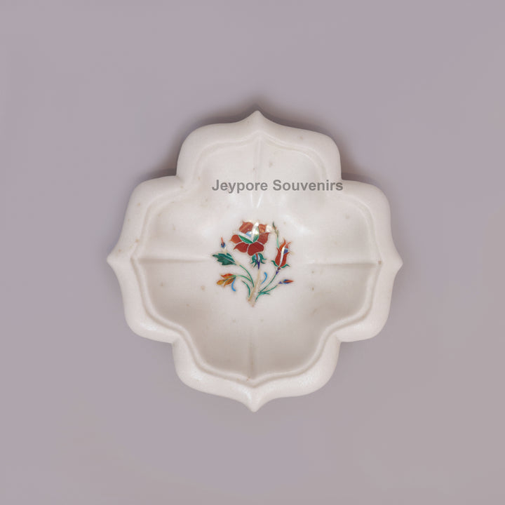 White Marble Lotus-Shaped Urli Bowl With Stone Inlay Design