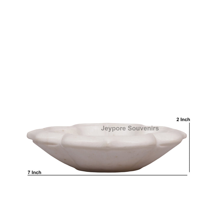 White Marble Lotus-Shaped Urli Bowl With Stone Inlay Design