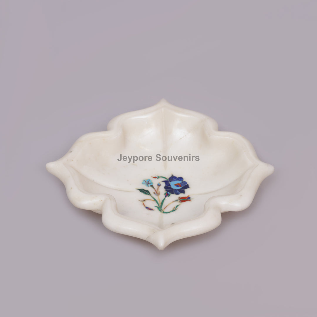 White Marble Pietra Dura Decorative Urli Bowl with Floral Inlay