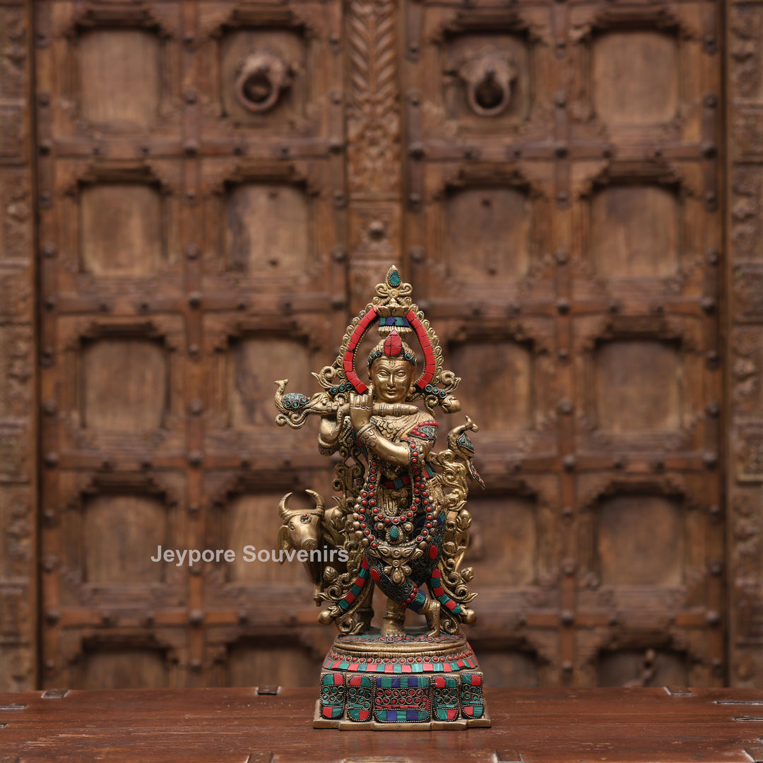 15 Inches Handcrafted Brass Meenakari Lord Krishna with Cow Statue