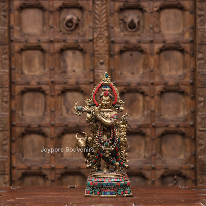 15 Inches Handcrafted Brass Meenakari Lord Krishna with Cow Statue