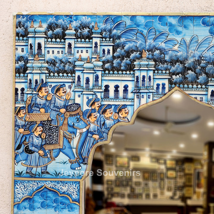 Royal Blue Procession Hand-Painted Camel Bone Inlay Mirror