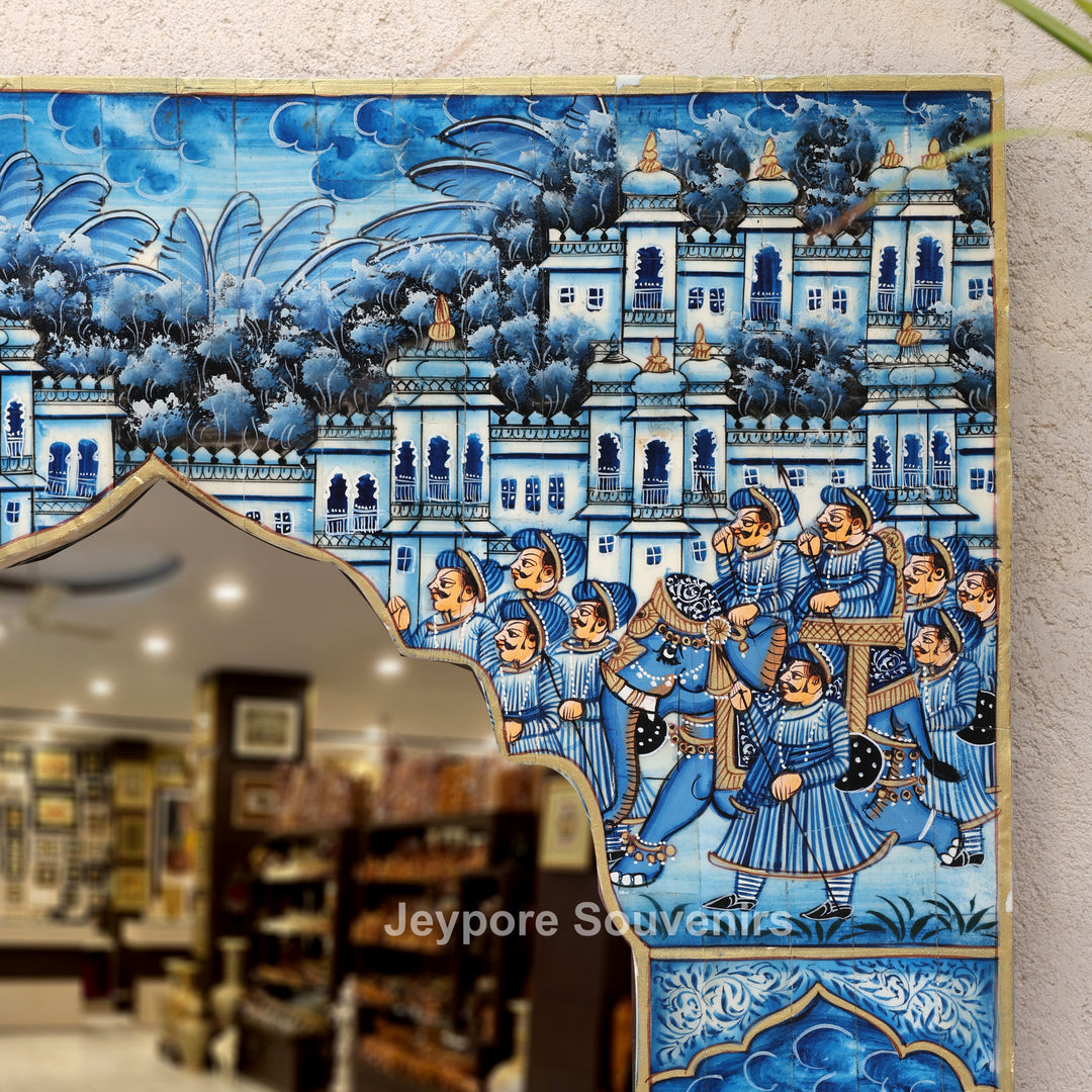 Royal Blue Procession Hand-Painted Camel Bone Inlay Mirror