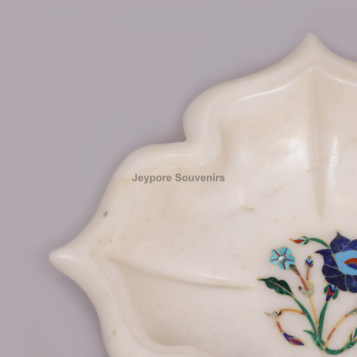 White Marble Pietra Dura Decorative Urli Bowl with Floral Inlay