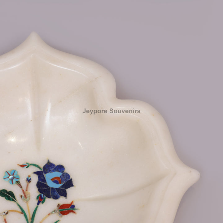 White Marble Pietra Dura Decorative Urli Bowl with Floral Inlay