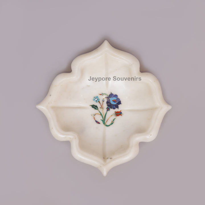 White Marble Pietra Dura Decorative Urli Bowl with Floral Inlay