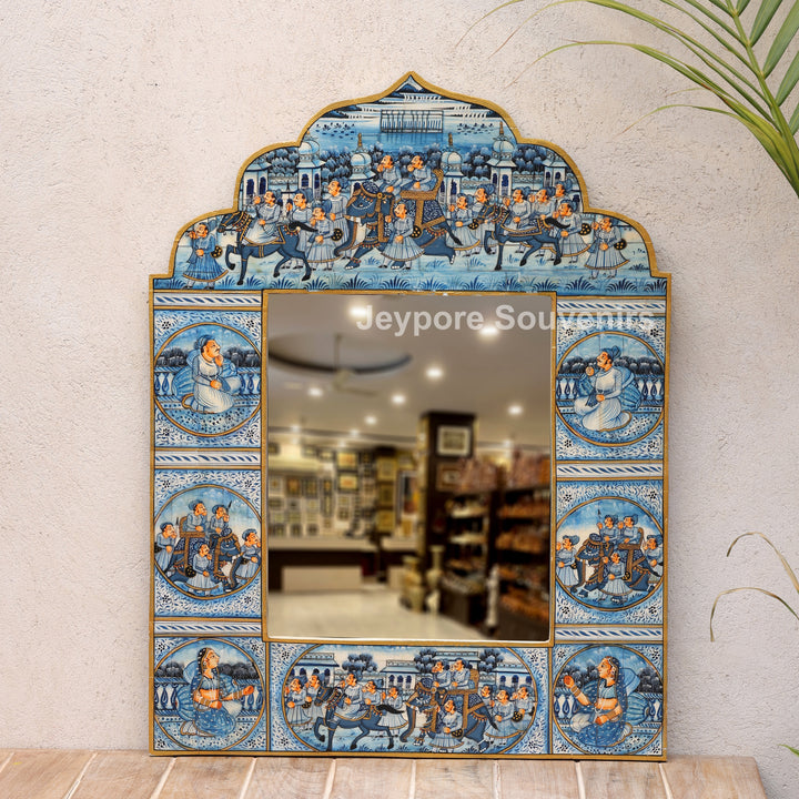 Handcrafted Blue Pottery Style Royal Procession Camel Bone Inlay Mirror Frame