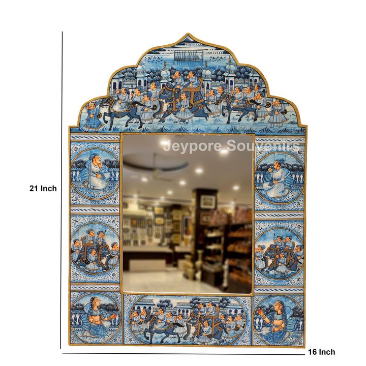 Handcrafted Blue Pottery Style Royal Procession Camel Bone Inlay Mirror Frame