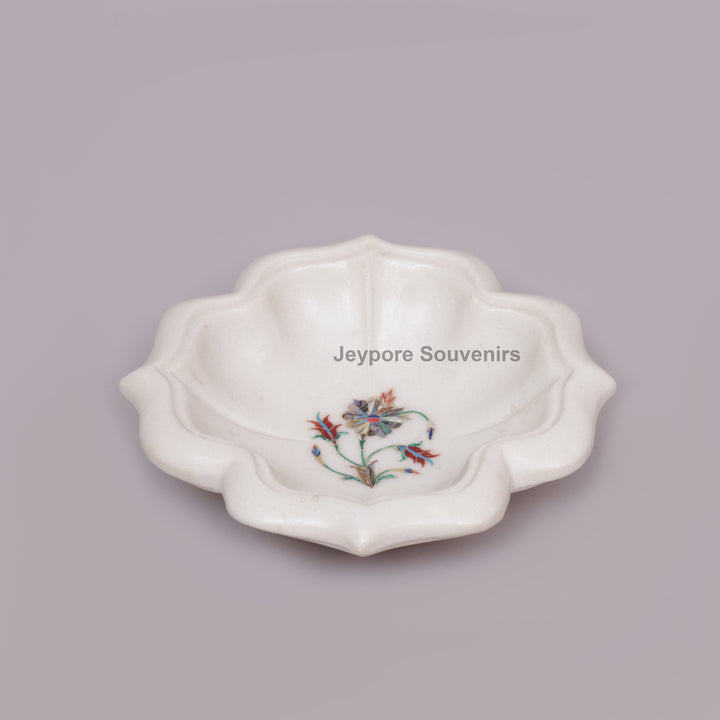 White Marble Lotus Bowl with Floral Pietra Dura Stone Inlay Design