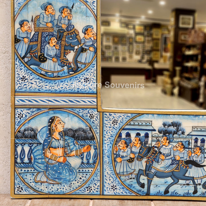 Handcrafted Blue Pottery Style Royal Procession Camel Bone Inlay Mirror Frame