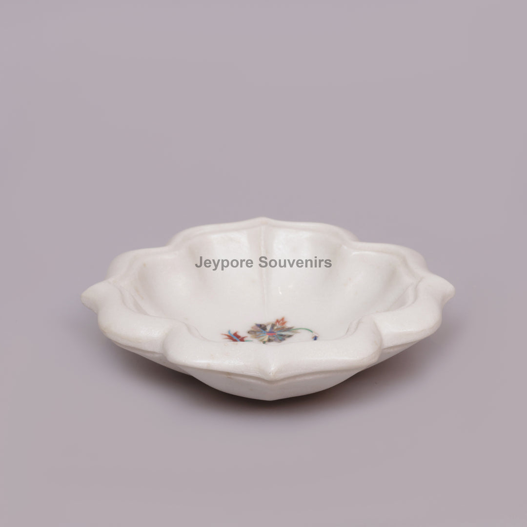White Marble Lotus Bowl with Floral Pietra Dura Stone Inlay Design
