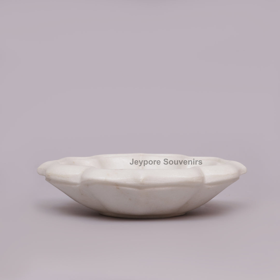 White Marble Lotus Bowl with Floral Pietra Dura Stone Inlay Design