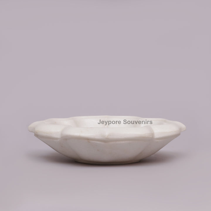 White Marble Lotus Bowl with Floral Pietra Dura Stone Inlay Design